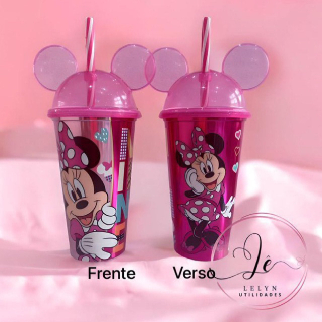 Copo com Canudo e Orelha Minnie Rosa Holo...