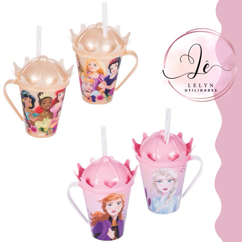 Caneca com Tampa Coroa e Canudo Frozen e ...