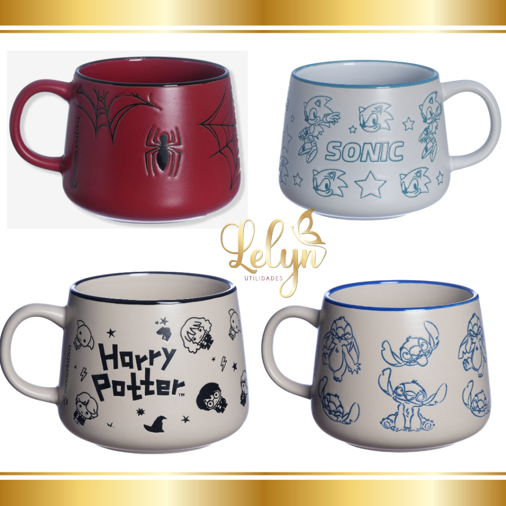 Caneca Moma Stitch, Spider Man, Sonic e H...