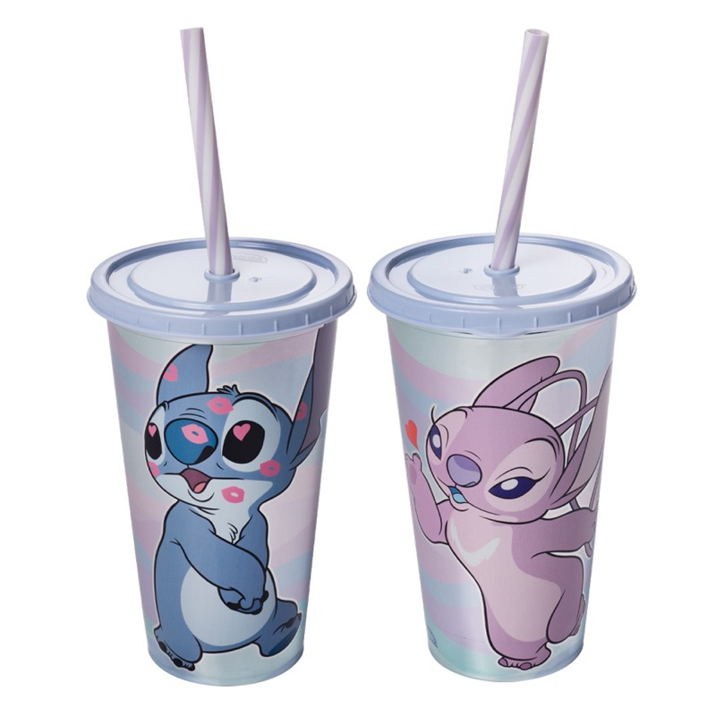 Copo com canudo Stitch e Angel 500 ml